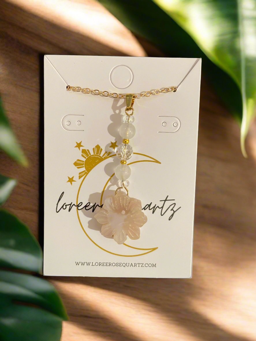 Mini Araw with Rainbow Moonstone & Clear Quartz Necklace