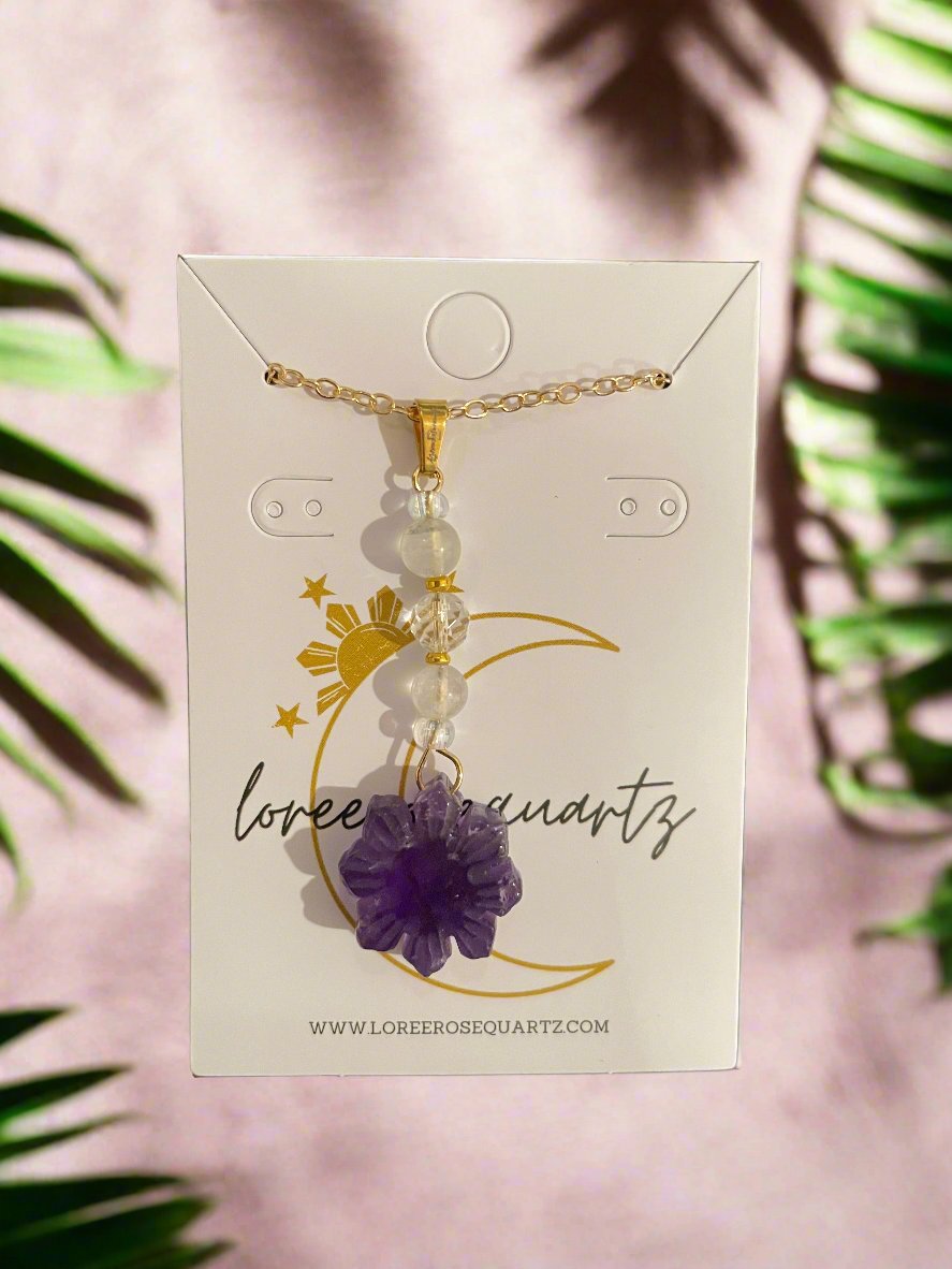 Mini Araw with Rainbow Moonstone & Clear Quartz Necklace