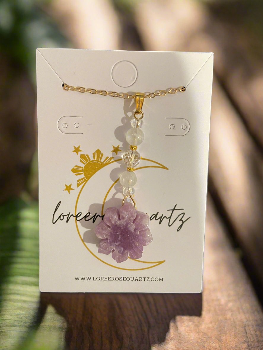 Mini Araw with Rainbow Moonstone & Clear Quartz Necklace