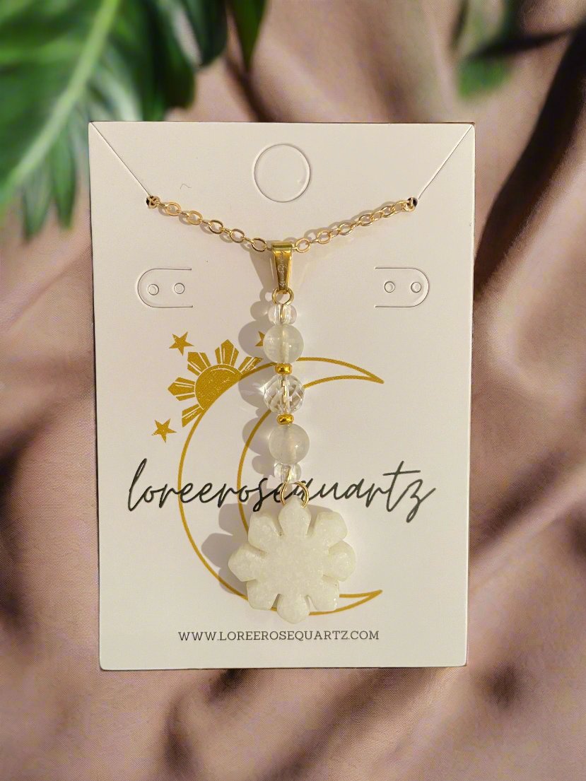 Mini Araw with Rainbow Moonstone & Clear Quartz Necklace