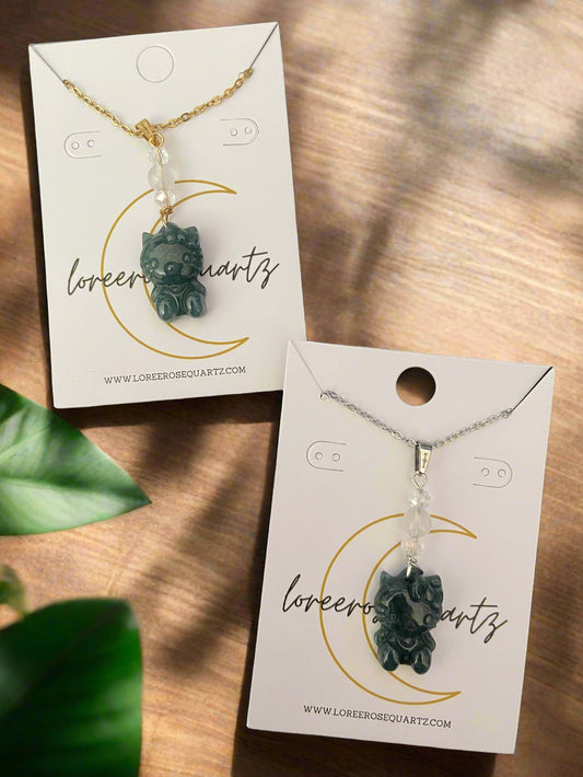 Jade Kitty and Moonstone Necklace