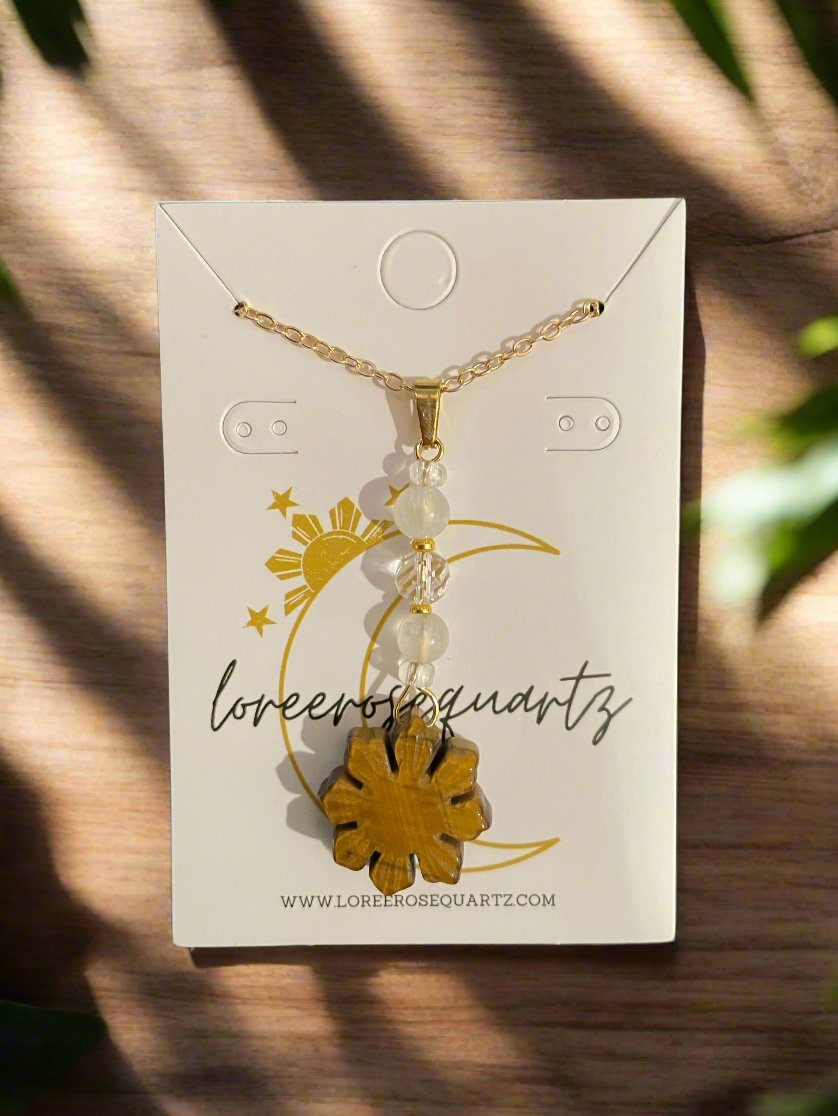 Mini Araw with Rainbow Moonstone & Clear Quartz Necklace