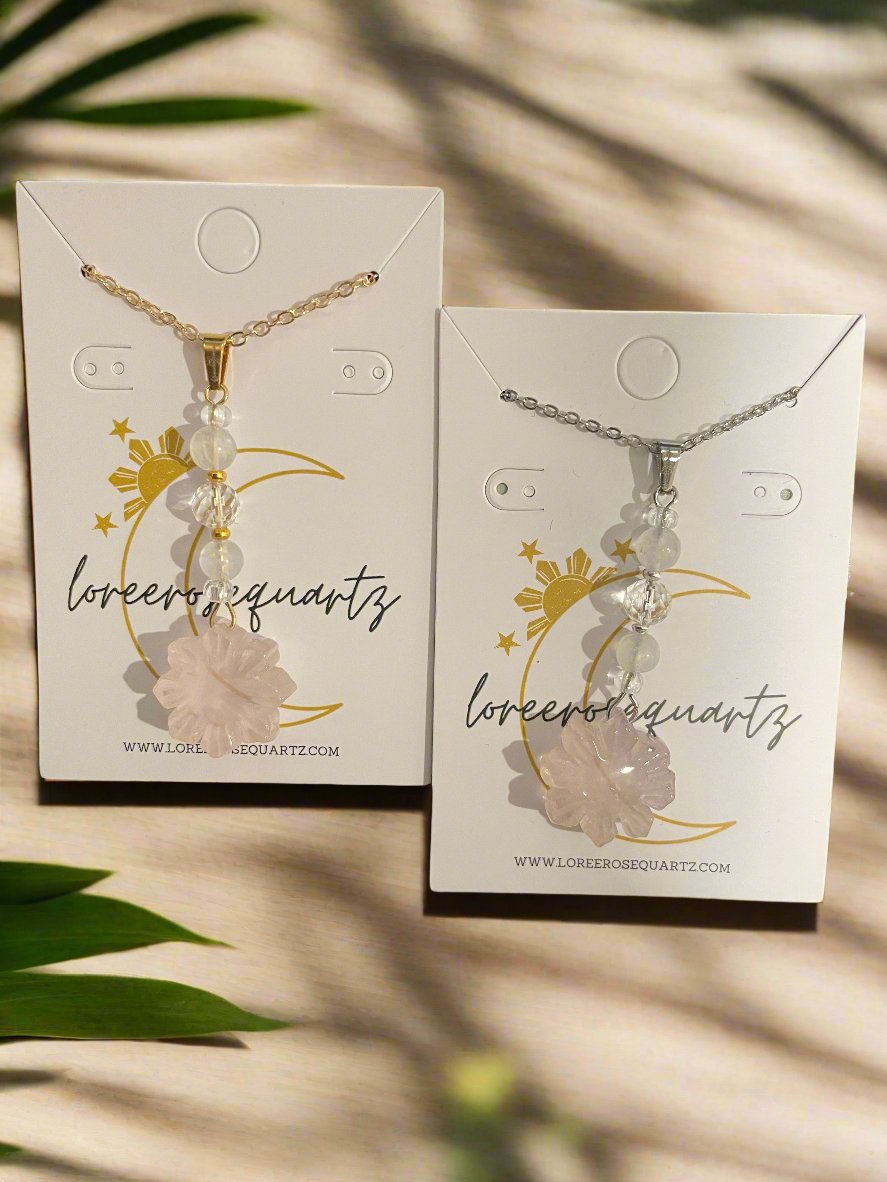 Mini Araw with Rainbow Moonstone & Clear Quartz Necklace