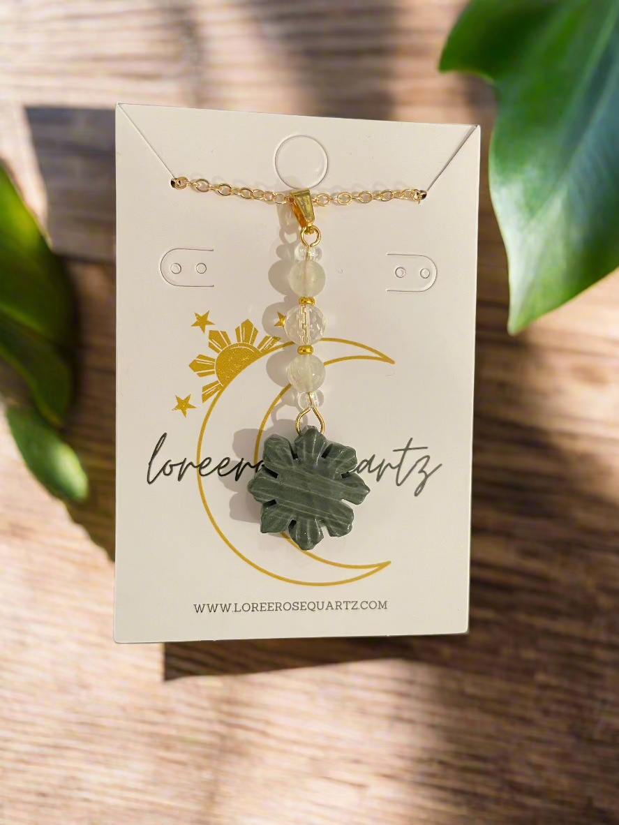 Mini Araw with Rainbow Moonstone & Clear Quartz Necklace