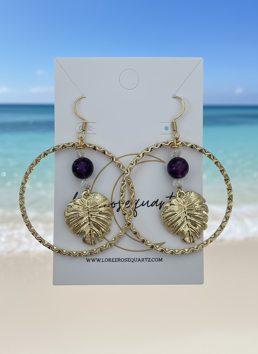 Purple Tiger's Eye Monstera Hoops