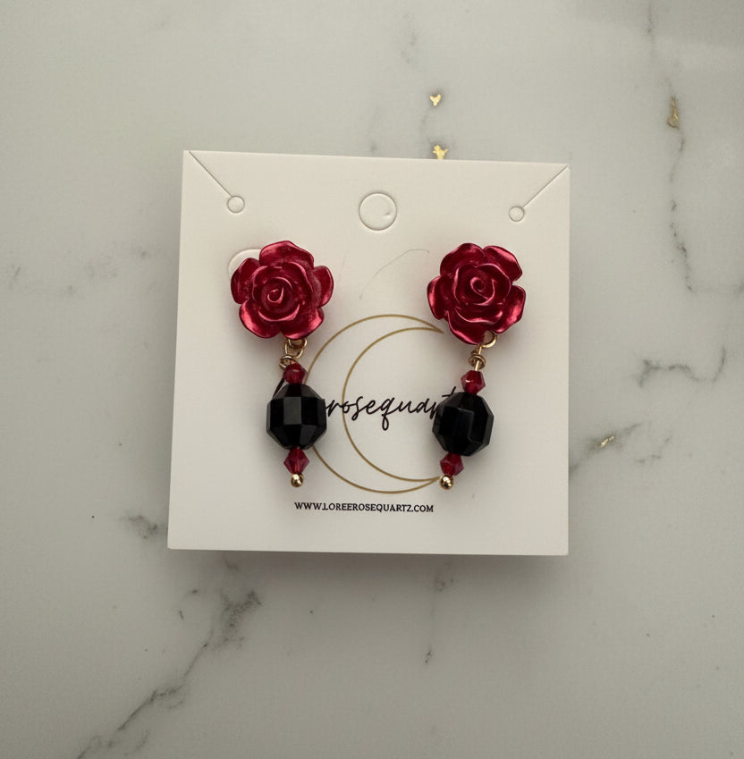 Red Velvet Black Agate Rose Studs