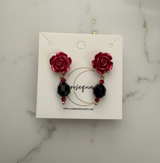 Red Velvet Black Agate Rose Studs