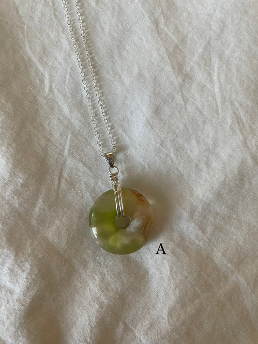 Green Flower Agate Donut Necklace